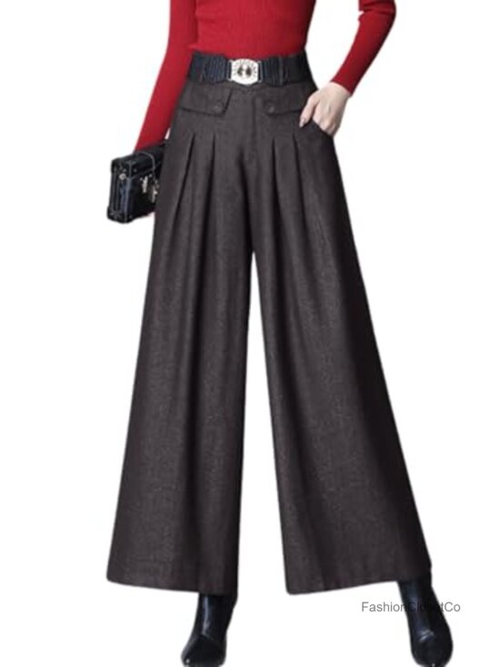 Pants - Women's Wool Blend Wide Leg Pleated High Rise Long Palazzo Trousers